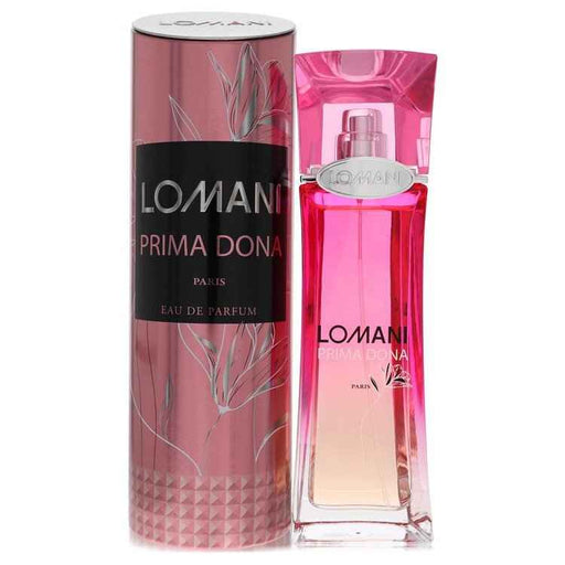Prima Dona by Lomani Eau De Parfum spray for women, 3.4 oz, featuring elegant floral and fruity scent in a sleek bottle.