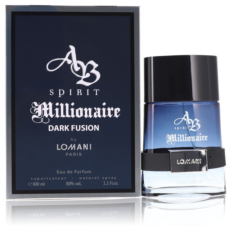 Lomani Spirit Millionaire Dark Fusion Eau De Parfum Spray 3.3 oz bottle for men on a neutral background.