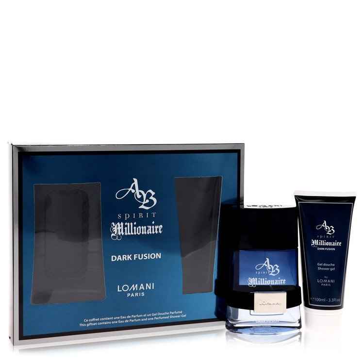 Lomani Spirit Millionaire Dark Fusion gift set for men includes a fragrance bottle and grooming accessories.