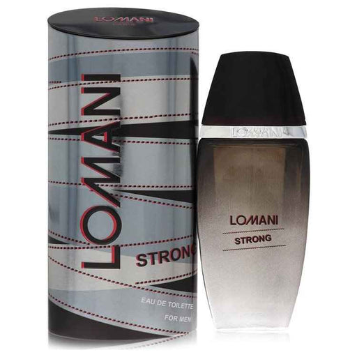 Lomani Strong Eau De Toilette spray for men, 3.3 oz bottle with sleek design and label featuring bold typography