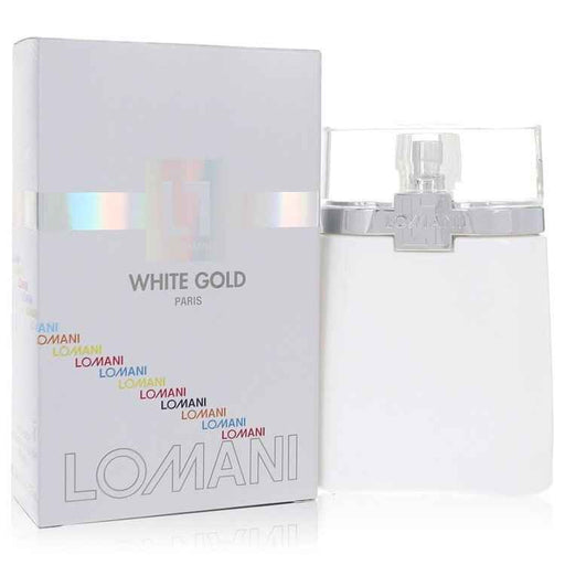 White Gold by Lomani men's Eau de Toilette spray, 3.4 oz bottle, featuring a sleek white gold packaging and masculine fragrance.