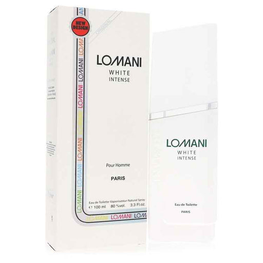 White Intense by Lomani men's Eau de Toilette spray, 3.3 oz bottle with white packaging and sleek design.