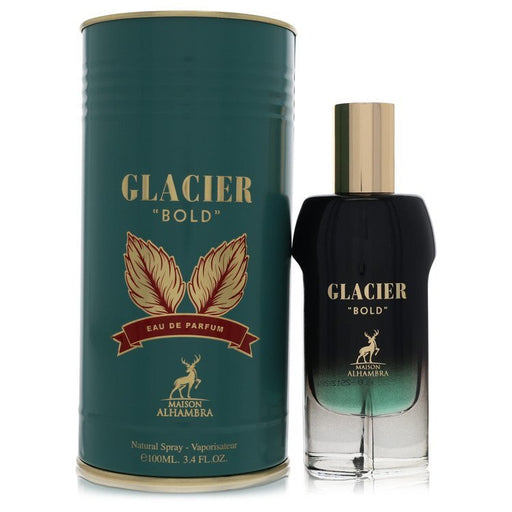 Glacier Bold Eau De Parfum Spray by Maison Alhambra, 3.4 oz, for men and unisex, featuring a sleek glass bottle.
