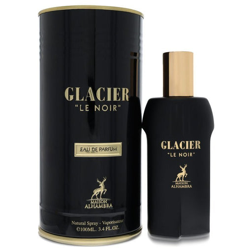Maison Alhambra Glacier Le Noir Eau de Parfum spray for men, 3.4 oz, featuring dark, sleek bottle with modern design.