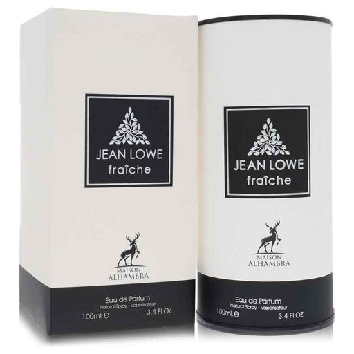 Maison Alhambra Jean Lowe Fraiche Eau De Parfum spray for men, 3.4 oz, featuring a sleek bottle design and elegant fragrance branding.