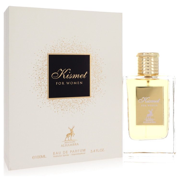 Kismet by Maison Alhambra 3.4 oz Eau De Parfum spray bottle with elegant design and floral accents.