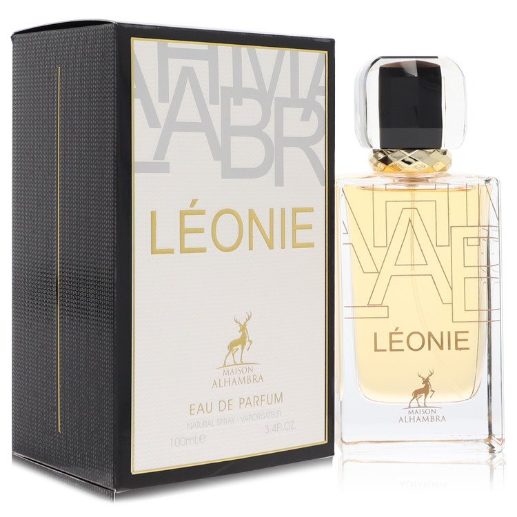 Leonie by Maison Alhambra Eau De Parfum spray 3.4 oz for women and men, featuring a sleek bottle design.