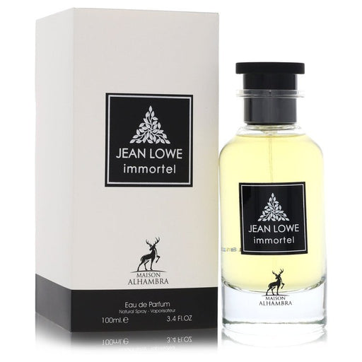 Maison Alhambra Jean Lowe Immortel Eau De Parfum spray for men, 3.4 oz, featuring sleek bottle design and elegant branding.