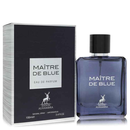 Maison Alhambra Maitre De Blue Eau De Parfum spray for men, 3.4 oz bottle with sleek blue design and elegant packaging.