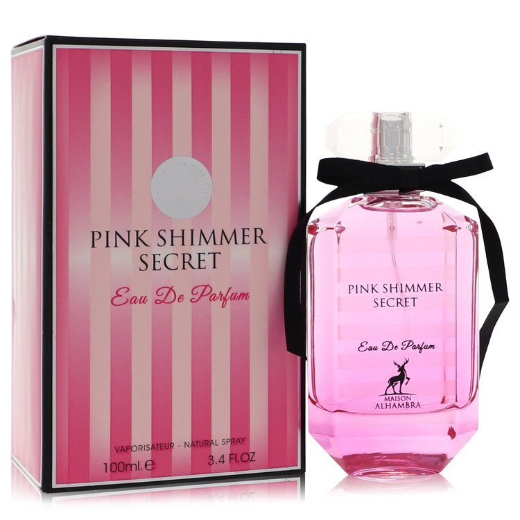 Pink Shimmer Secret by Maison Alhambra Eau De Parfum Spray 3.4 oz, showcasing elegant bottle design with shimmering pink accents.