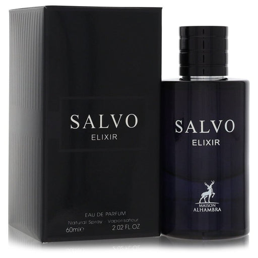Salvo Elixir Eau De Parfum spray by Maison Alhambra for men, 2.02 oz bottle, featuring elegant perfume design