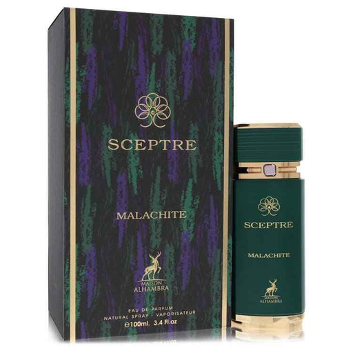 Maison Alhambra Sceptre Malachite Eau De Parfum spray for men and unisex, featuring a sleek 3.4 oz bottle.