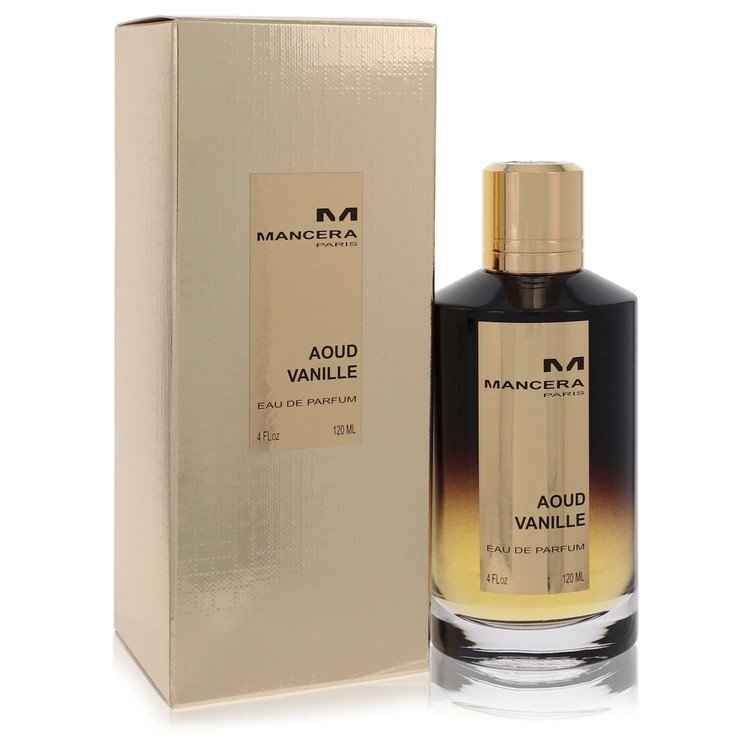 Mancera Aoud Vanille Eau De Parfum spray for women and unisex, 4 oz bottle, elegant fragrance bottle with gold accents.