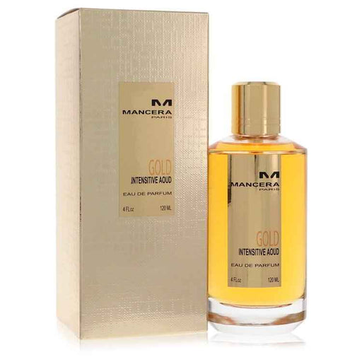 Mancera Intensitive Aoud Gold Eau de Parfum spray bottle, 4 oz, elegant design, suitable for women and unisex fragrances.