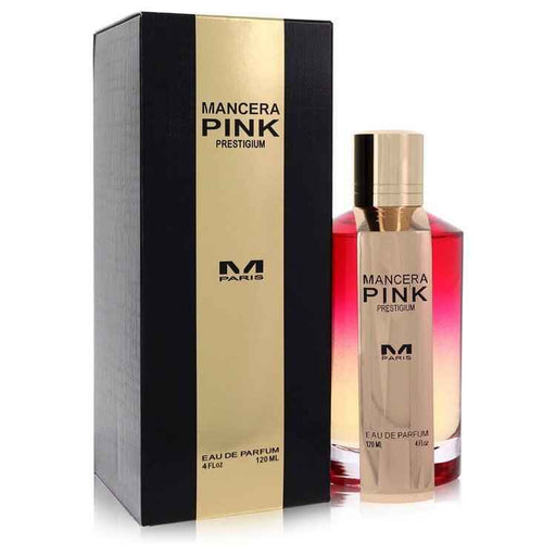 Pink Prestigium by Mancera Eau de Parfum spray for women, 4 oz, featuring a sleek pink bottle and elegant fragrance design.