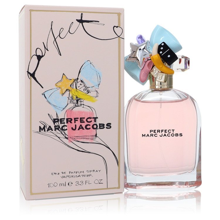 Marc Jacobs Perfect Eau de Parfum spray for women, 3.3 oz bottle with a sleek design and colorful floral accents.