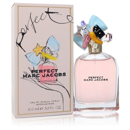 Marc Jacobs Perfect Eau de Parfum spray for women, 3.3 oz bottle with a sleek design and colorful floral accents.