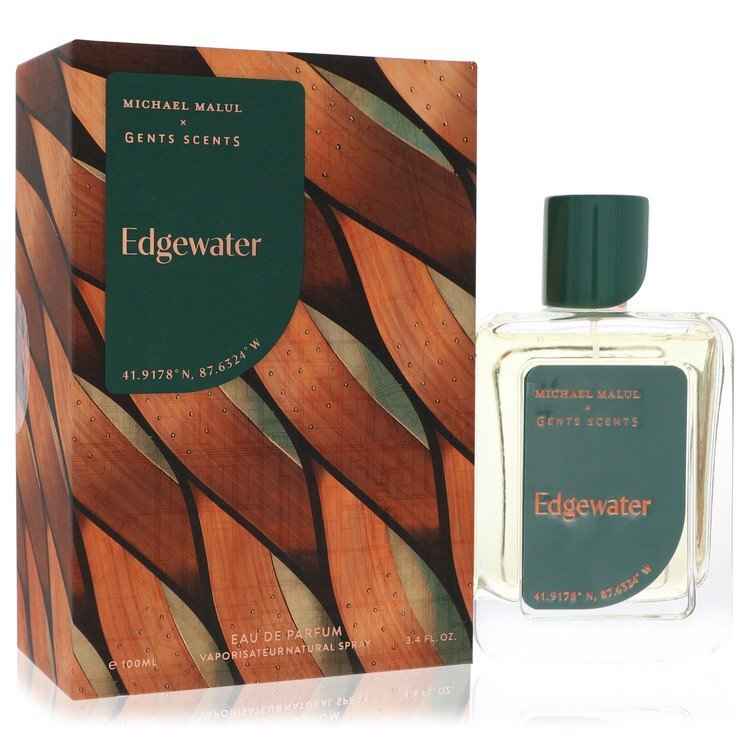Edgewater by Michael Malul Eau De Parfum spray for men, 3.4 oz, featuring a sleek bottle design and stylish branding.
