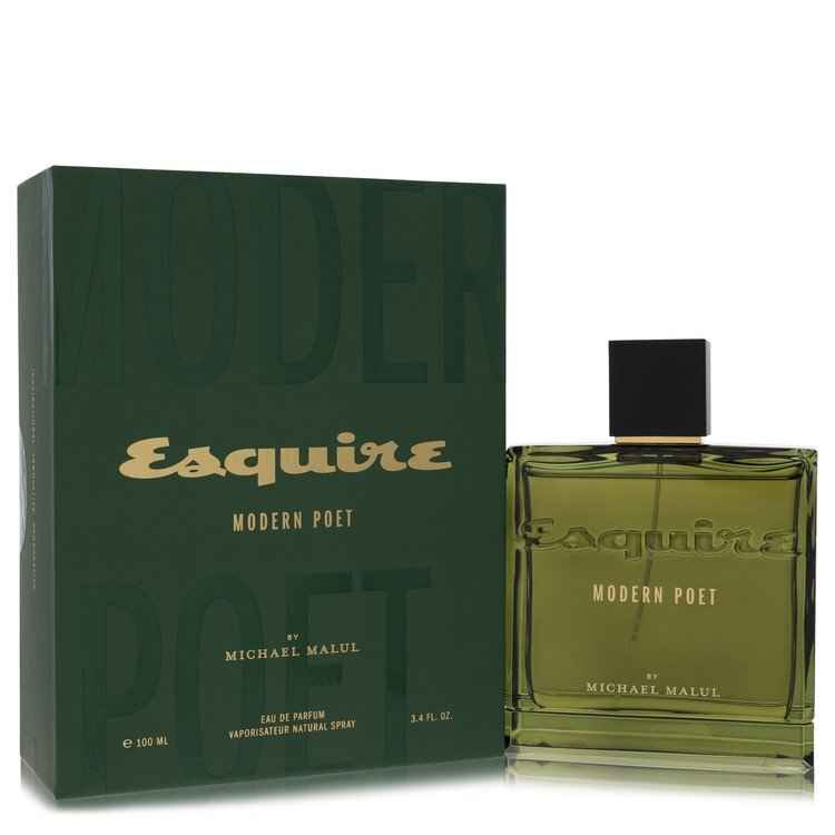 Michael Malul Esquire Modern Poet Eau De Parfum spray for men, 3.4 oz, featuring sleek packaging and sophisticated design.
