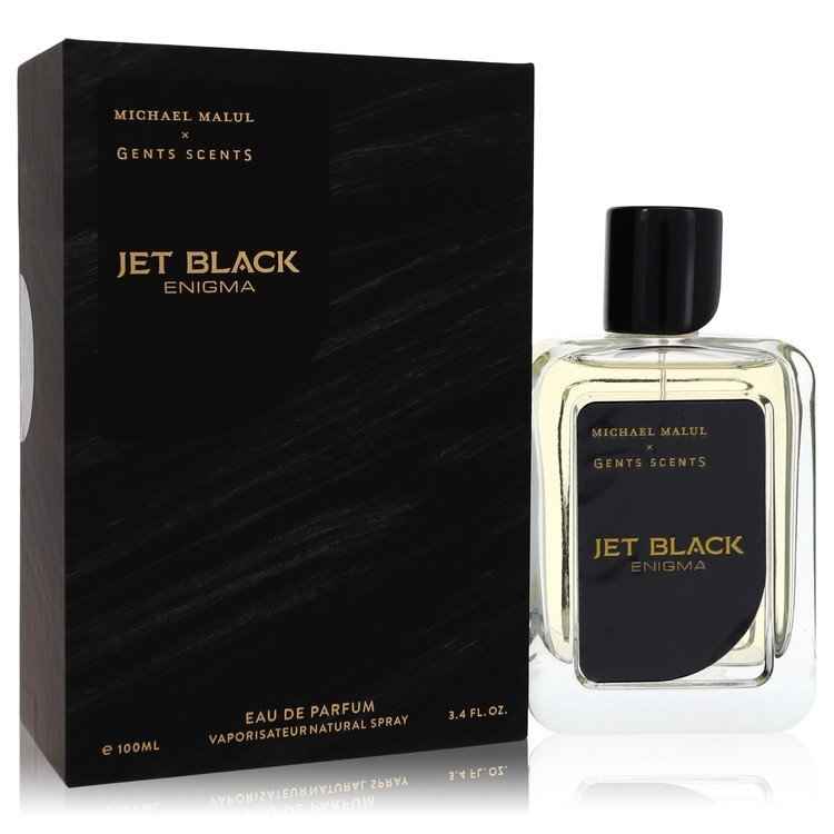 Jet Black Enigma by Michael Malul Eau De Parfum spray for men, 3.4 oz, featuring a sleek black bottle design.