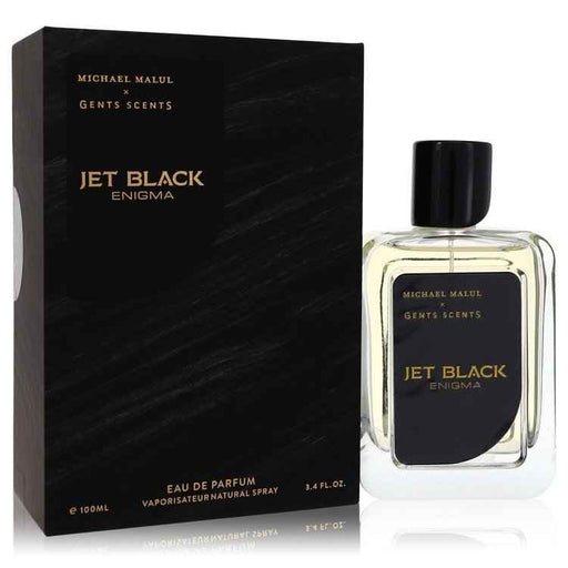 Jet Black Enigma by Michael Malul Eau De Parfum spray for men, 3.4 oz, featuring a sleek black bottle design.