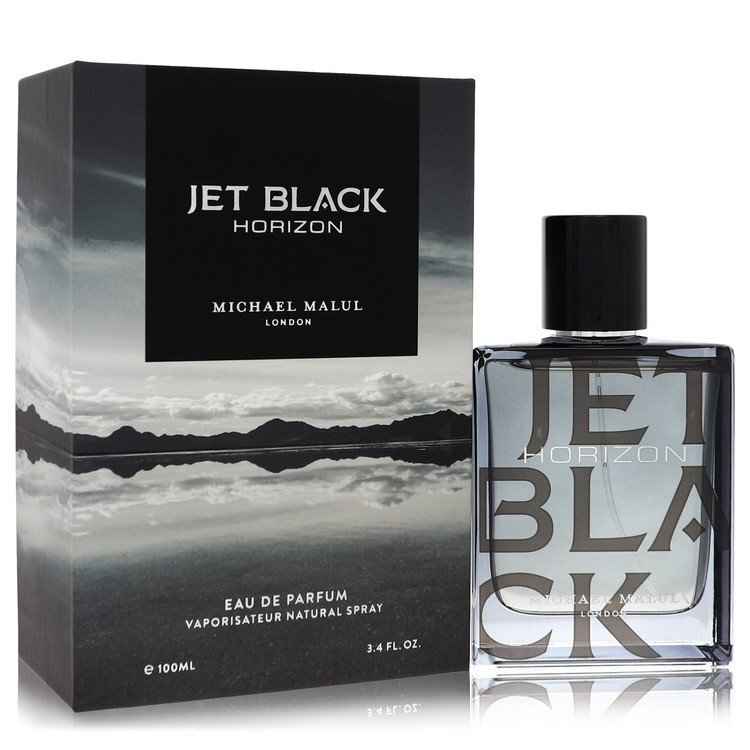 Jet Black Horizon by Michael Malul men's Eau De Parfum spray, 3.4 oz, featuring sleek black bottle and modern fragrance design.
