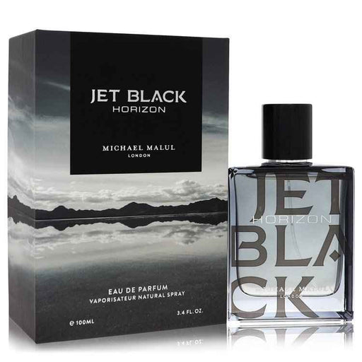 Jet Black Horizon by Michael Malul men's Eau De Parfum spray, 3.4 oz, featuring sleek black bottle and modern fragrance design.