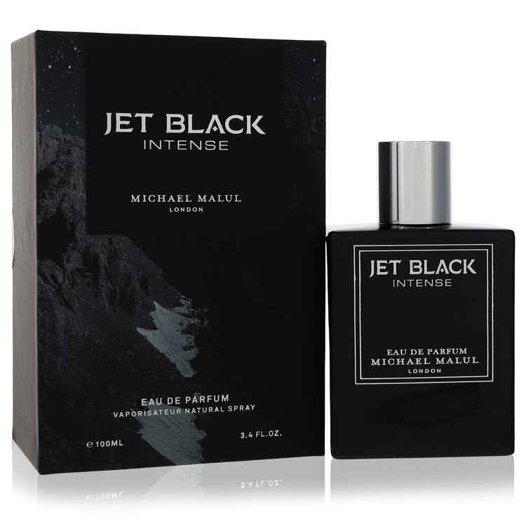 Jet Black Intense by Michael Malul men's Eau De Parfum spray, 3.4 oz, with dark sleek bottle and modern design.