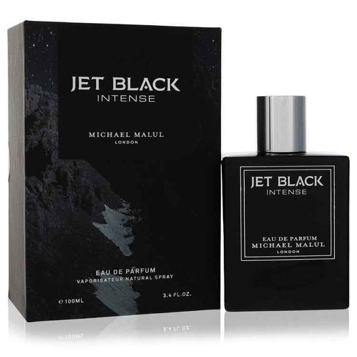 Jet Black Intense by Michael Malul men's Eau De Parfum spray, 3.4 oz, with dark sleek bottle and modern design.