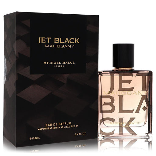 Michael Malul Jet Black Mahogany Eau De Parfum spray for men, 3.4 oz, featuring a sleek black bottle with a sophisticated design.