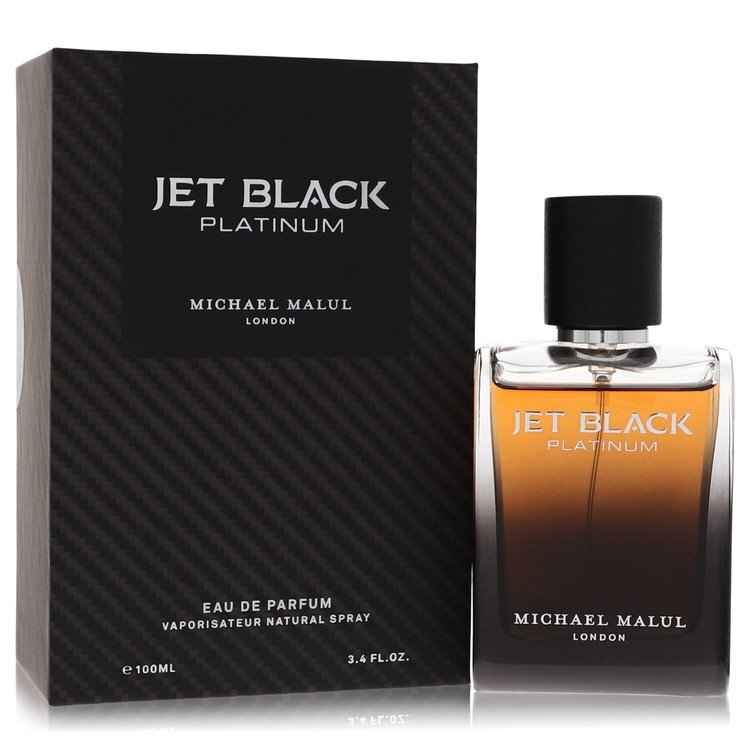 Jet Black Platinum by Michael Malul Eau De Parfum spray for men, 3.4 oz bottle, sleek black packaging with silver accents.