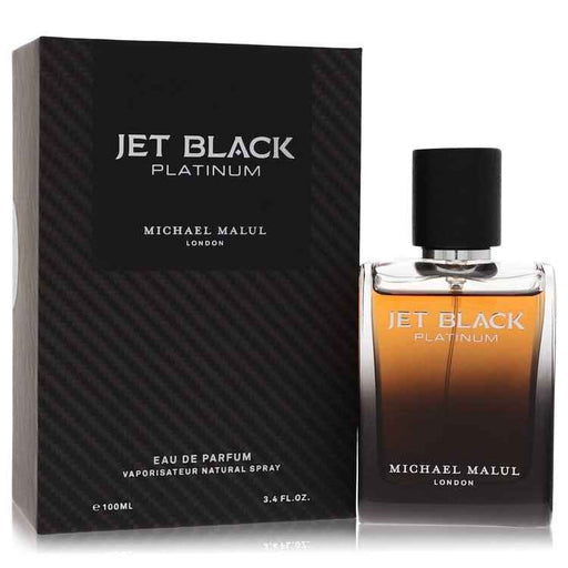 Jet Black Platinum by Michael Malul Eau De Parfum spray for men, 3.4 oz bottle, sleek black packaging with silver accents.