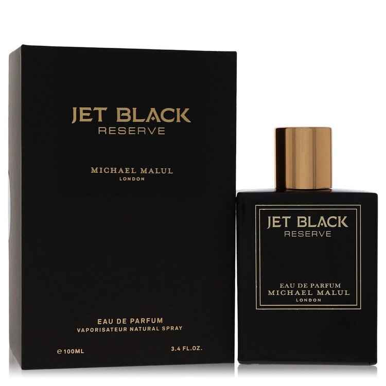 Jet Black Reserve by Michael Malul men's Eau De Parfum spray, 3.4 oz, featuring a sleek black bottle design.