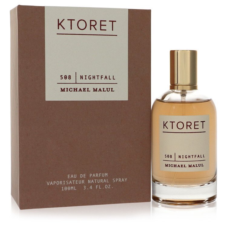 Michael Malul Ktoret 508 Nightfall Eau de Parfum spray for women, 3.4 oz bottle, elegant perfume bottle with dark accents.