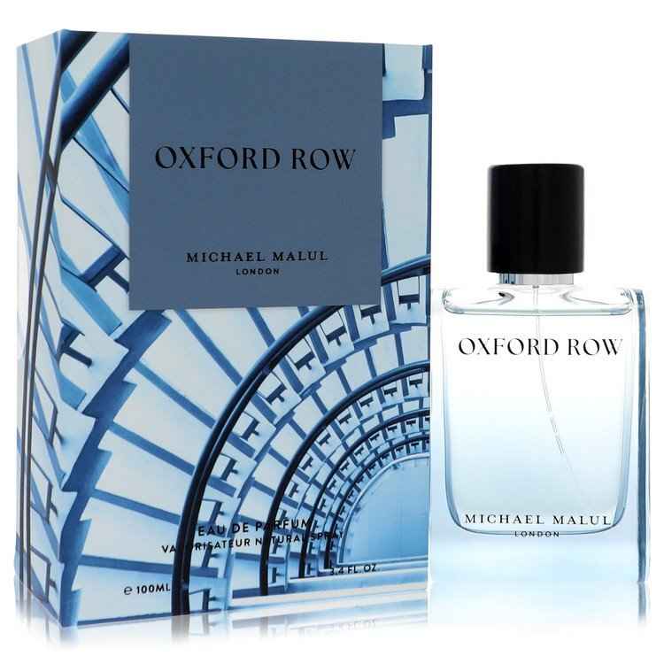 Michael Malul Oxford Row Eau De Parfum spray for men, 3.4 oz bottle, featuring sleek packaging and elegant design.
