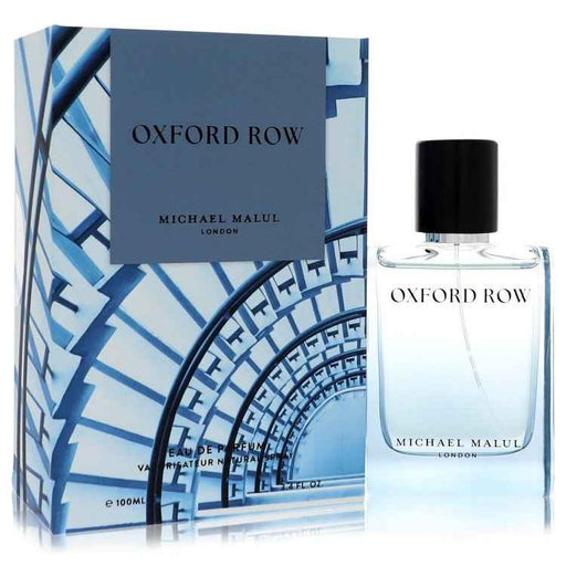 Michael Malul Oxford Row Eau De Parfum spray for men, 3.4 oz bottle, featuring sleek packaging and elegant design.