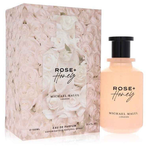 Michael Malul Rose + Honey Eau De Parfum spray for women in 3.4 oz bottle, featuring floral and honey scent notes.
