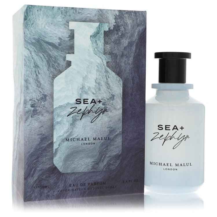 Sea + Zephyr by Michael Malul Eau De Parfum spray, 3.4 oz for men, featuring a sleek bottle design and fresh, ocean-inspired scent