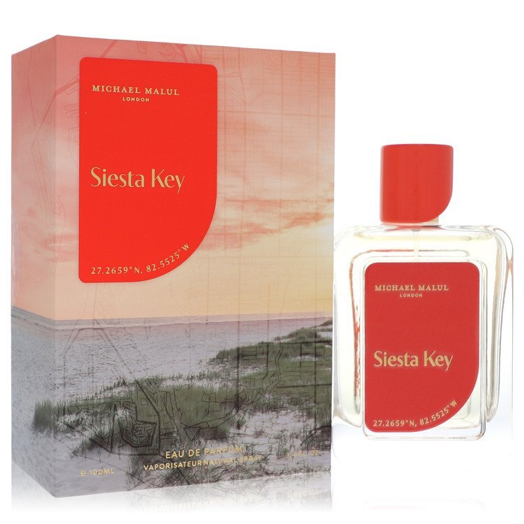 Michael Malul Siesta Key Eau De Parfum spray for women, 3.4 oz bottle, with elegant floral and citrus scent details.