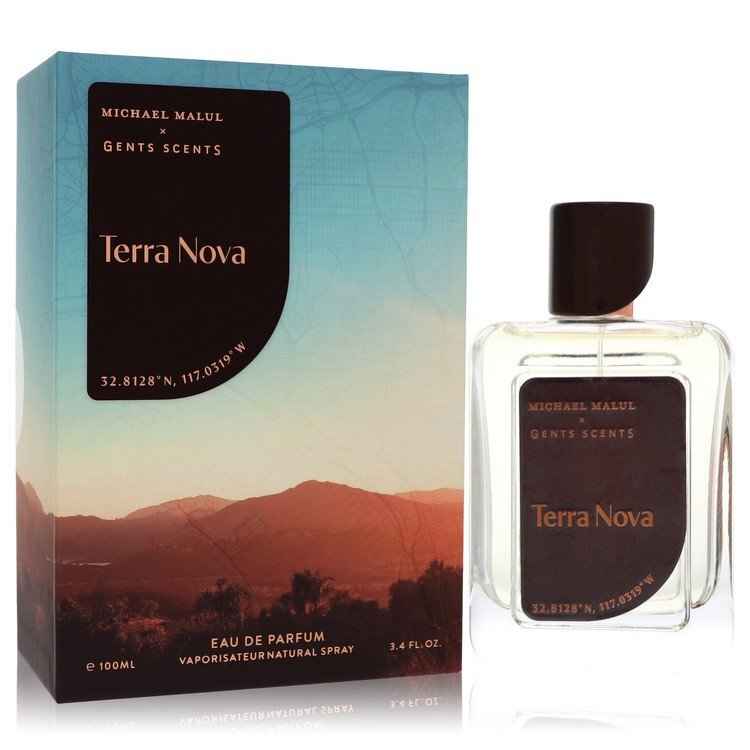 Michael Malul Terra Nova Eau De Parfum spray for men, 3.4 oz bottle, sleek design and branding visible.