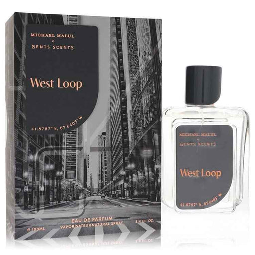 Michael Malul West Loop Eau De Parfum spray for men, 3.4 oz bottle, featuring sleek design and modern fragrance notes.