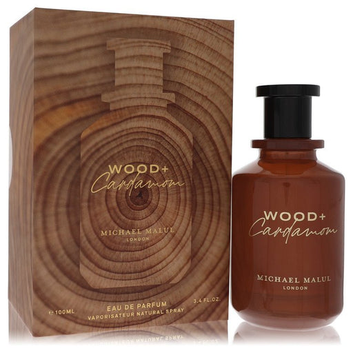 Wood + Cardamom by Michael Malul Eau de Parfum spray for men, featuring a stylish bottle with notes of wood and cardamom scent.