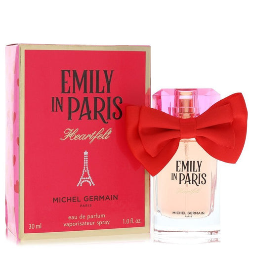 Emily In Paris Heartfelt by Michel Germain 1.0 oz Eau De Parfum Spray bottle with elegant design and floral essence.