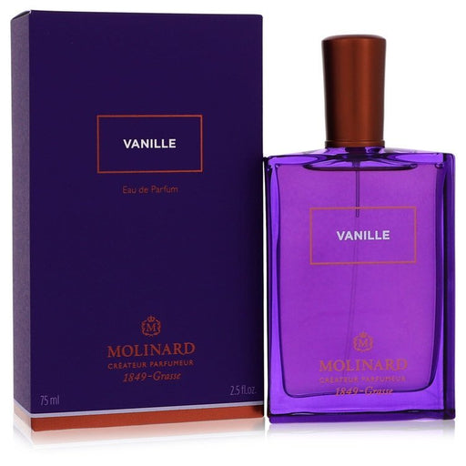 Molinard Vanille Eau De Parfum Spray 2.5 oz bottle with elegant design, showcasing its warm vanilla fragrance.