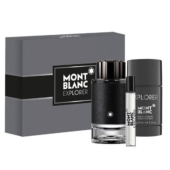 Mont Blanc Explorer 3 Piece Gift Set for men featuring cologne and grooming essentials in elegant packaging.