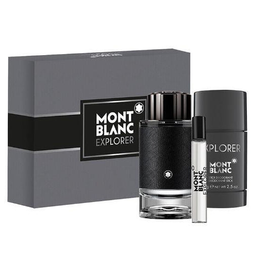 Mont Blanc Explorer 3 Piece Gift Set for men featuring cologne and grooming essentials in elegant packaging.