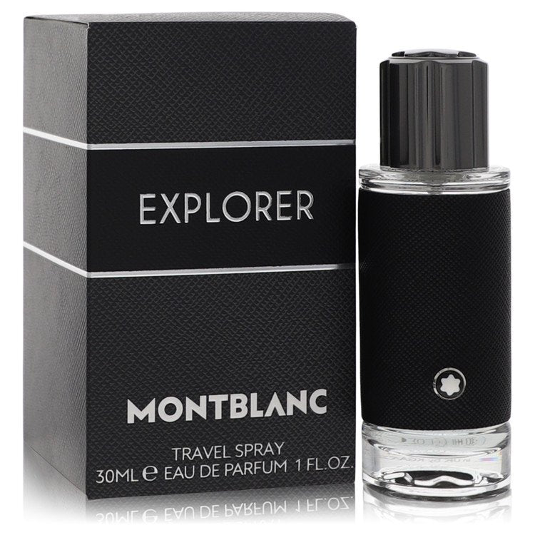 Mont Blanc Explorer Eau De Parfum Spray for men, 1 oz bottle featuring a sleek design and signature Mont Blanc branding.
