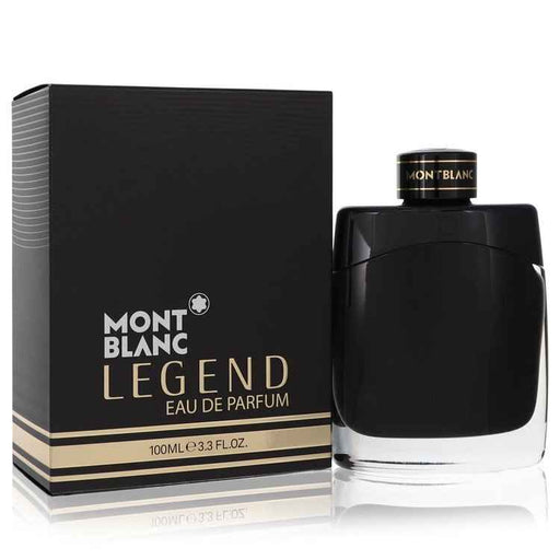 Mont Blanc Legend Eau De Parfum Spray for men, 3.3 oz, featuring sleek bottle design and elegant packaging.