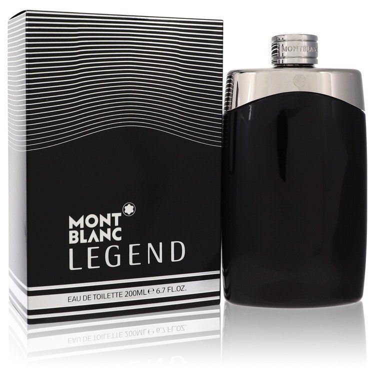 Mont Blanc Legend Eau de Toilette spray for men, 6.7 oz bottle, featuring sleek packaging and the iconic Mont Blanc branding.