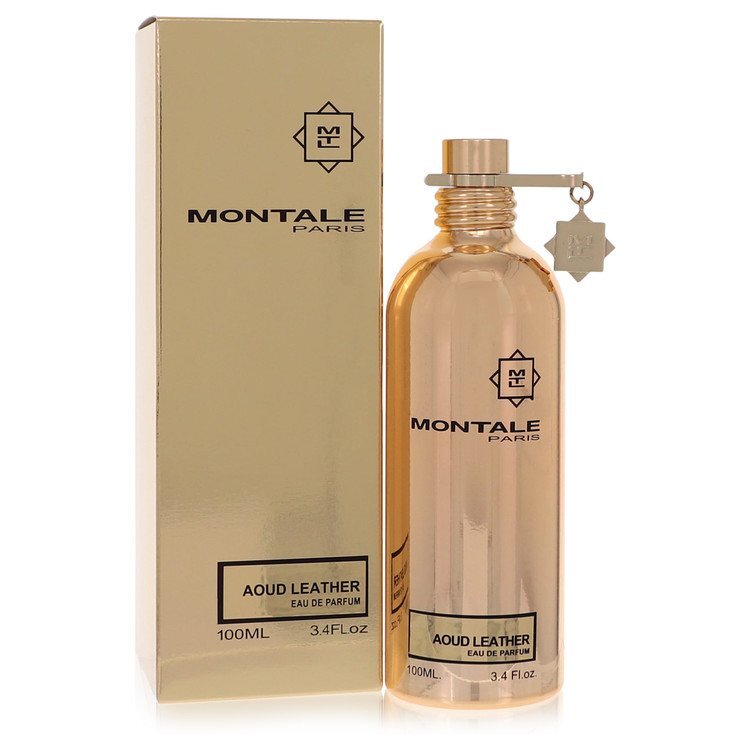 Montale Aoud Leather Eau De Parfum Spray 3.4 oz bottle, showcasing a sleek design, perfect for both men and women.